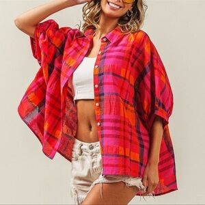 BiBi Red and Pink Oversized Button Down Shirt